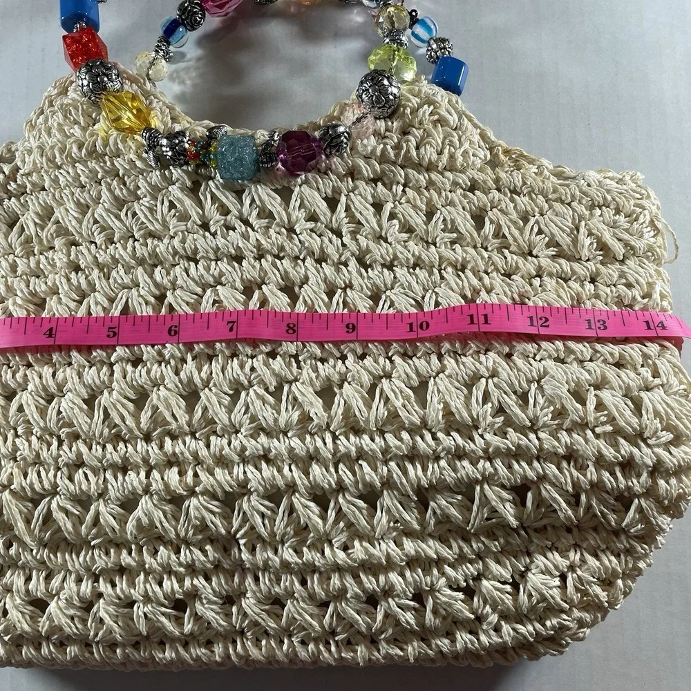 Boho‎ Woven Straw Handbag w/ Multicolor Beaded Handle Blue Miami